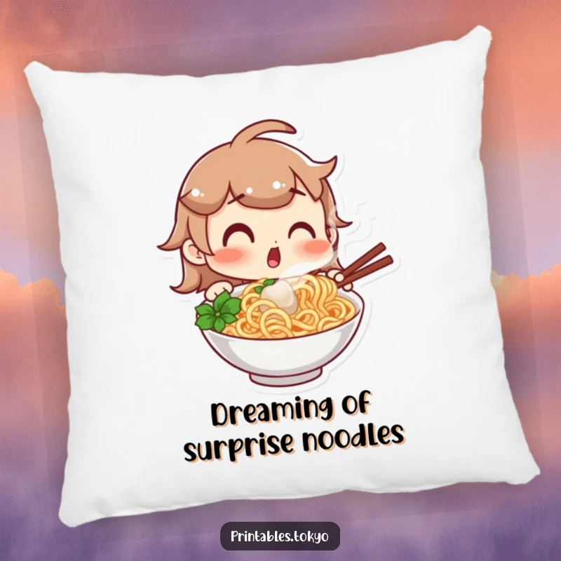 Funny pillow with a character showing a surprised expression looking at a steaming bowl of noodles, offering comfort and a dose of foodie humor, perfect for any cozy nook.