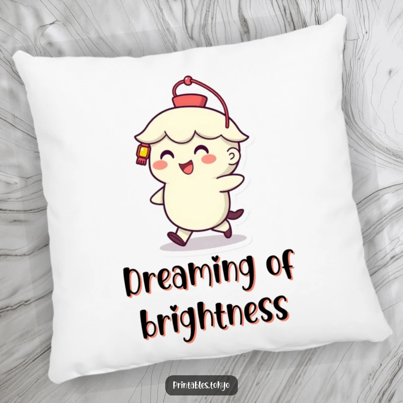 Funny Pillow: A smiling character holding a stylized lantern sits, offering comfort and cheer in this cozy and humorous accent pillow.