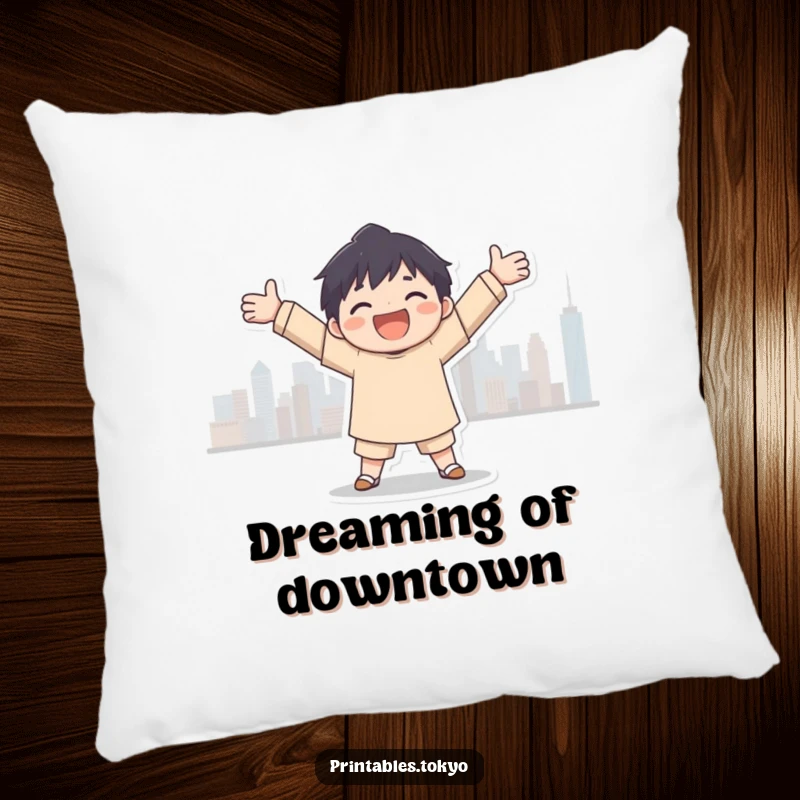 Funny city embrace pillow, a soft cushion featuring a character joyfully embracing a city skyline silhouette, comfort and urban dreams.