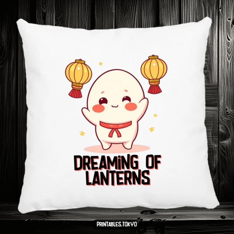 Funny pillow featuring a cheerful mochi character, rosy cheeks, juggling bright lanterns, providing a soft and humorous decorative touch.