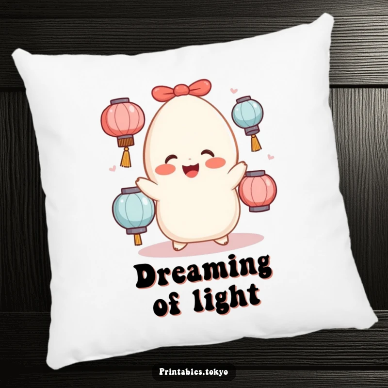 Funny mochi character with rosy cheeks juggling glowing lanterns, depicted as a soft and comforting pillow.