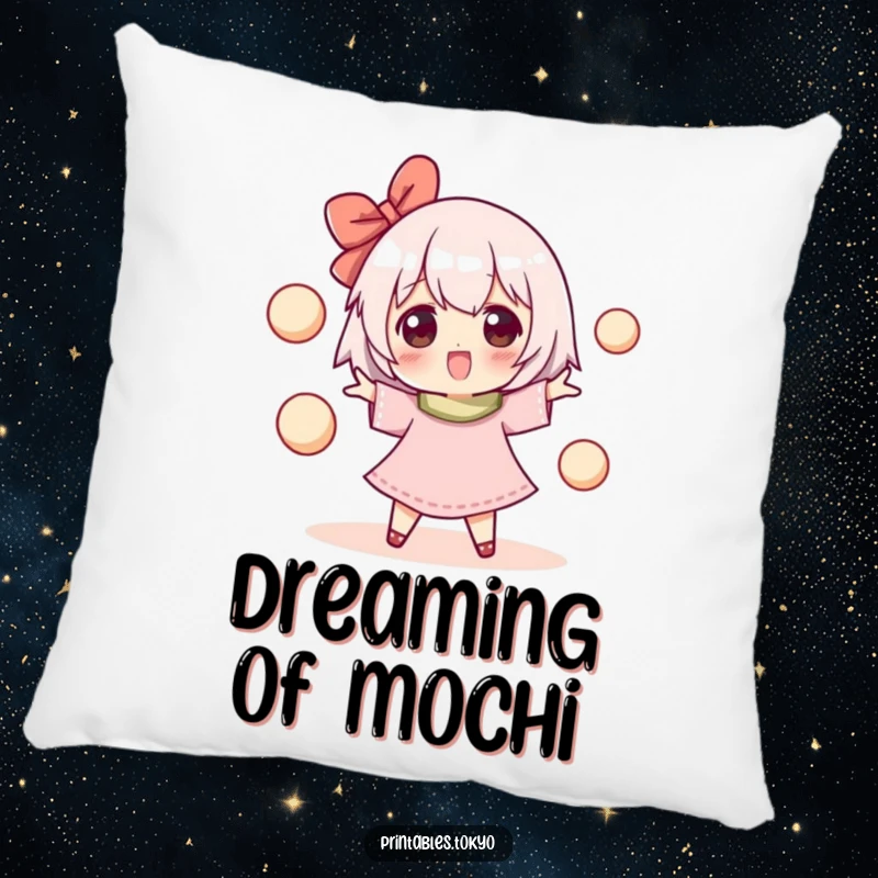 Funny pillow with a happy character juggling round mochi balls, offering comfort and a touch of sweet, playful joy.