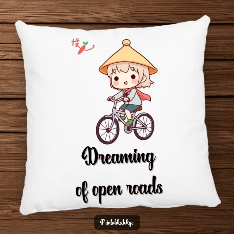 Funny pillow with a cute character in a Japanese hat, happily riding a bicycle, offering comfort and whimsical decor.