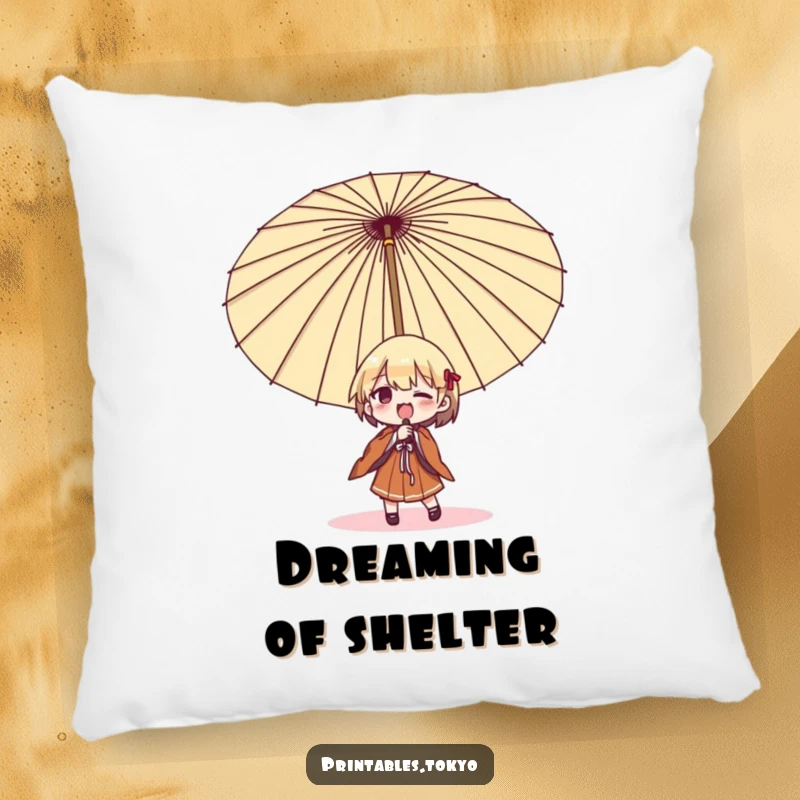 Funny umbrella struggle pillow, a soft cushion showing a character hilariously trying to open a large Japanese umbrella, comfort and humor combined.