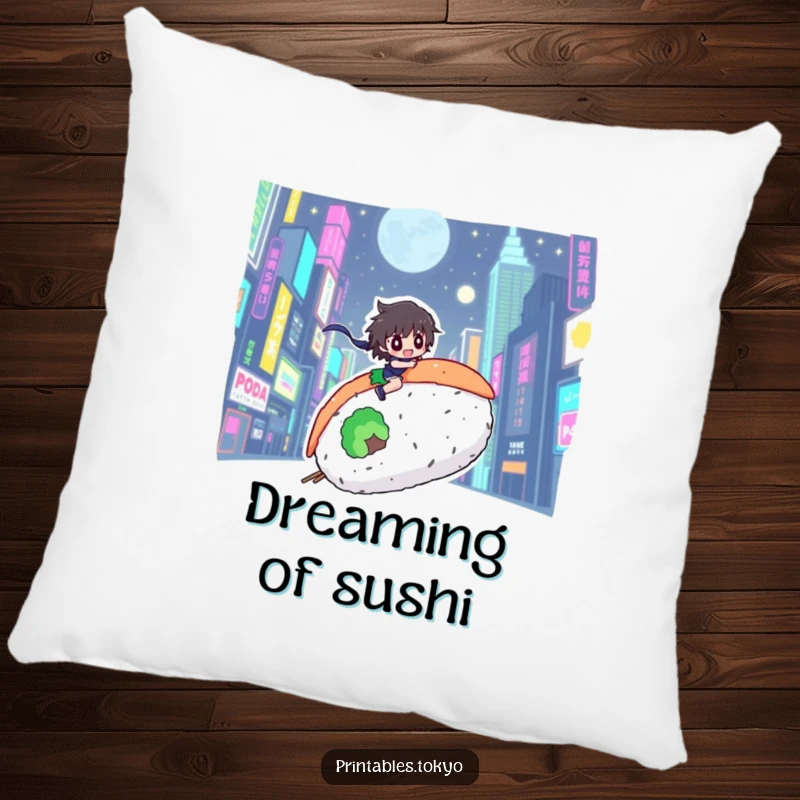 Funny pillow depicting a character joyfully riding a large sushi roll through a vibrant, glowing neon cityscape.