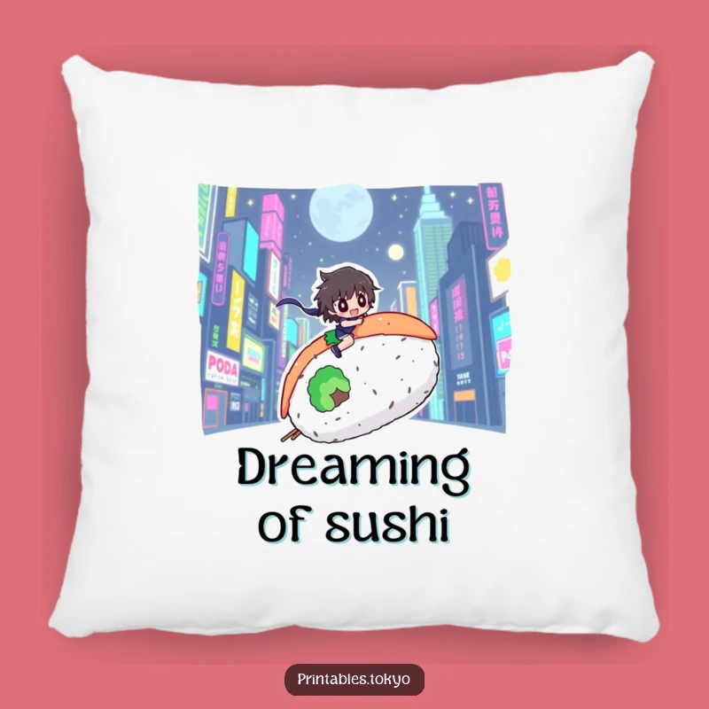 Funny Sushi Rider Pillow: Neon City Character, Comfy and Hilarious Accent