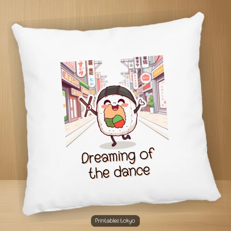 Funny sushi roll character dancing on a Tokyo street, depicted as a soft, comfortable pillow for delightful decor.