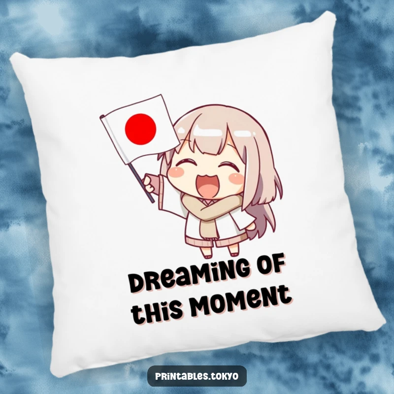 Funny pillow with a happy character enthusiastically waving a small Japanese flag, offering comfort and a cheerful, cultural touch.
