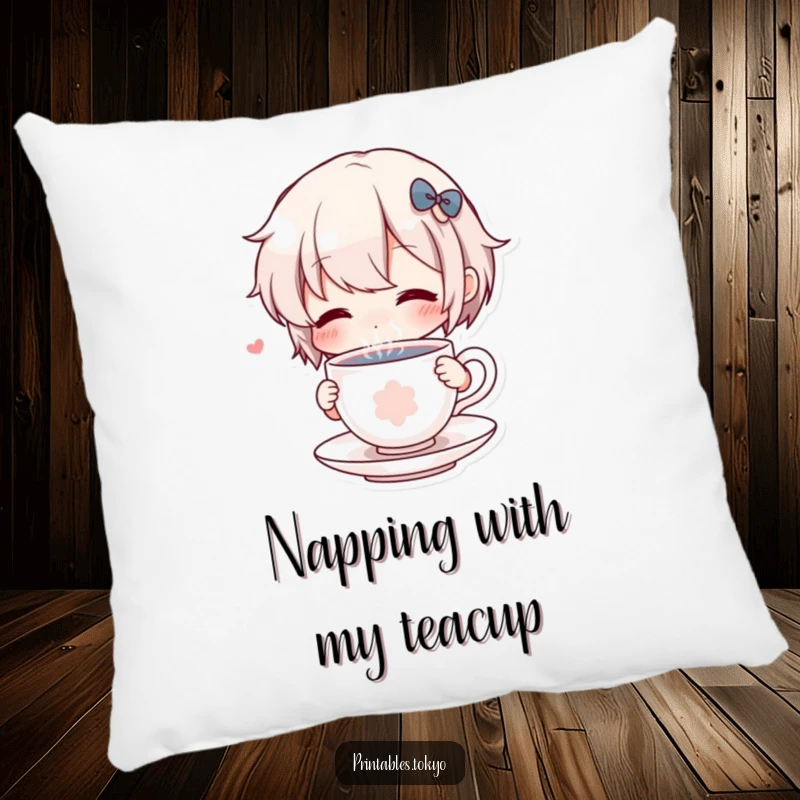 Funny Pillow: A cute character comically sips from a tiny, steaming teacup, offering comfort and a humorous touch.