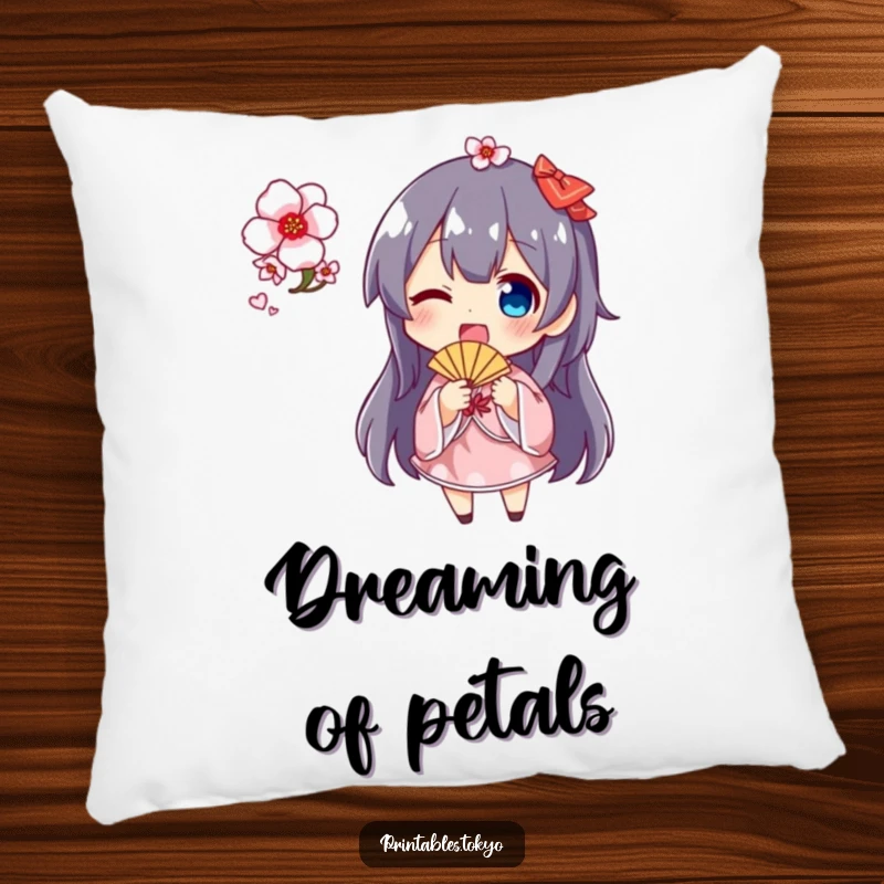 Funny cherry blossom fan pillow showcasing a smiling character holding and waving a small fan decorated with beautiful pink cherry blossoms, cozy and cute.