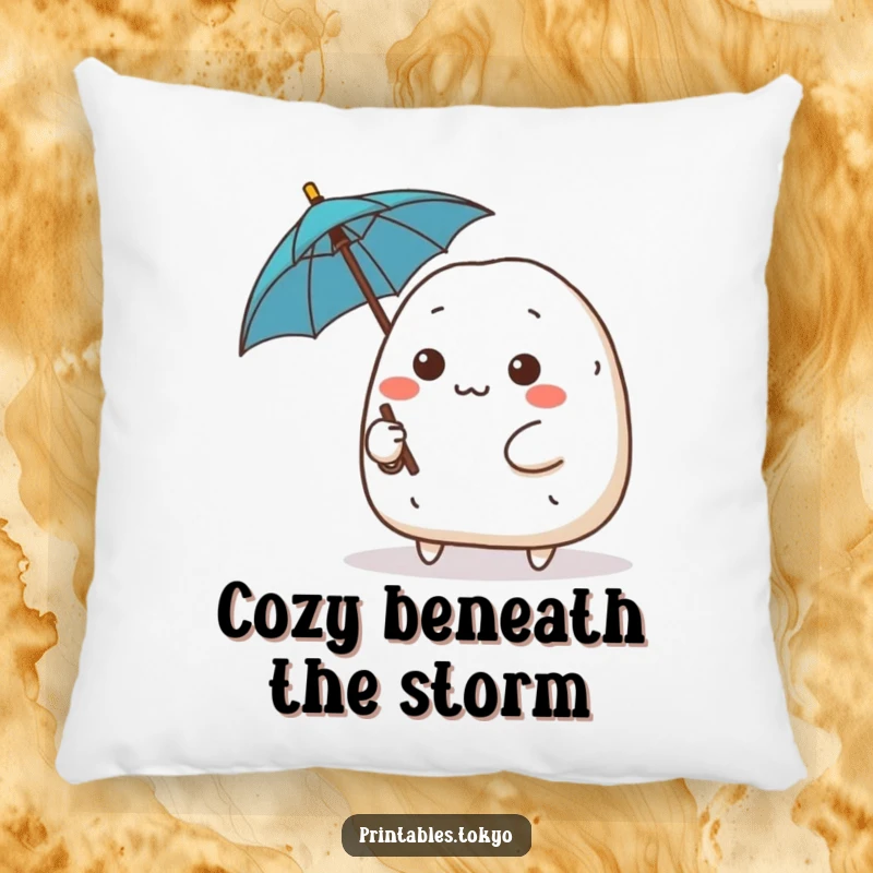 Funny cute onigiri character with a determined expression wielding a tiny umbrella, cozy decorative pillow, brave and resilient comfort.