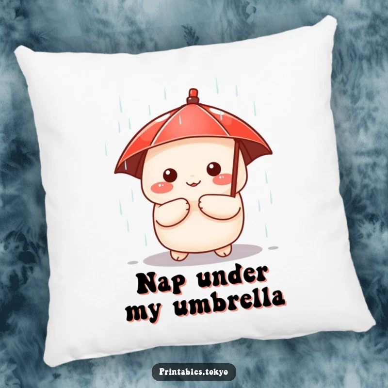 Funny pillow featuring a cute dumpling character holding a tiny red umbrella, peeking from the rain, soft and humorous decor.