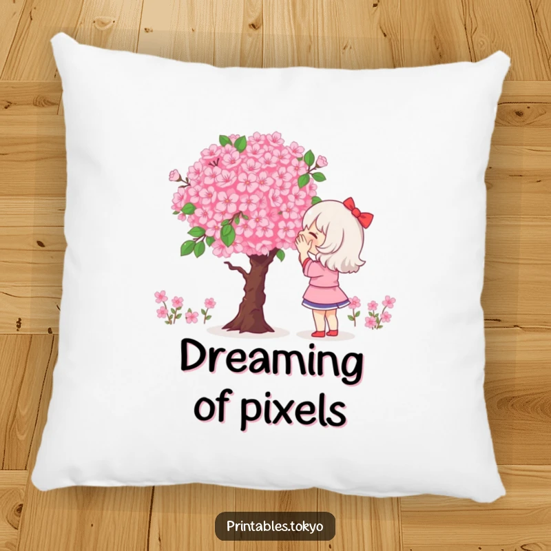 Funny pillow featuring a character admiring a large, pixelated bouquet of cherry blossoms.