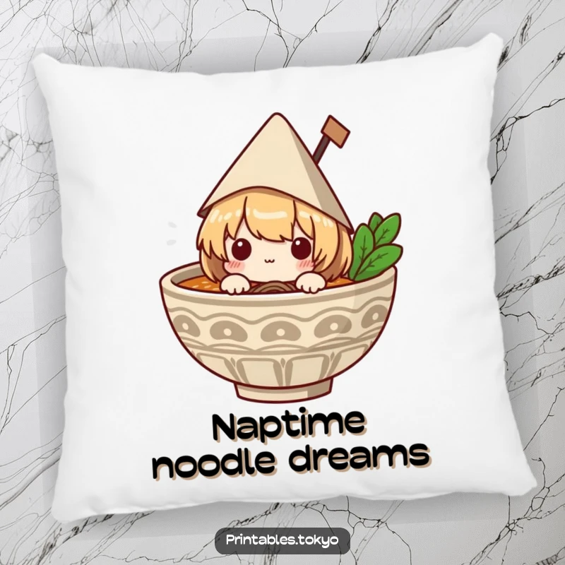 Funny pillow featuring a playful character in a paper hat peeking out from a steaming ramen bowl, offering comfort and humor.