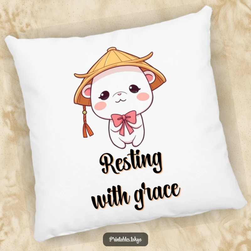 Funny cute creature wearing a traditional Japanese hat, bowing shyly, on a soft pillow. Adds comfort and gentle humorous charm.
