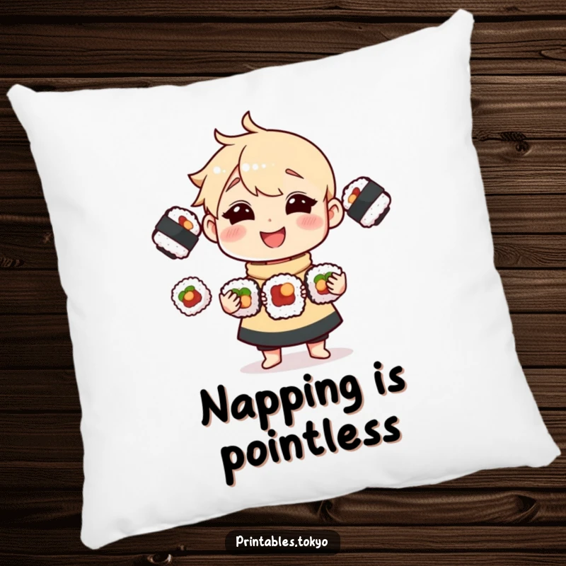 Funny Pillow with a happy character juggling three delicious sushi rolls, providing humorous comfort and home decoration.