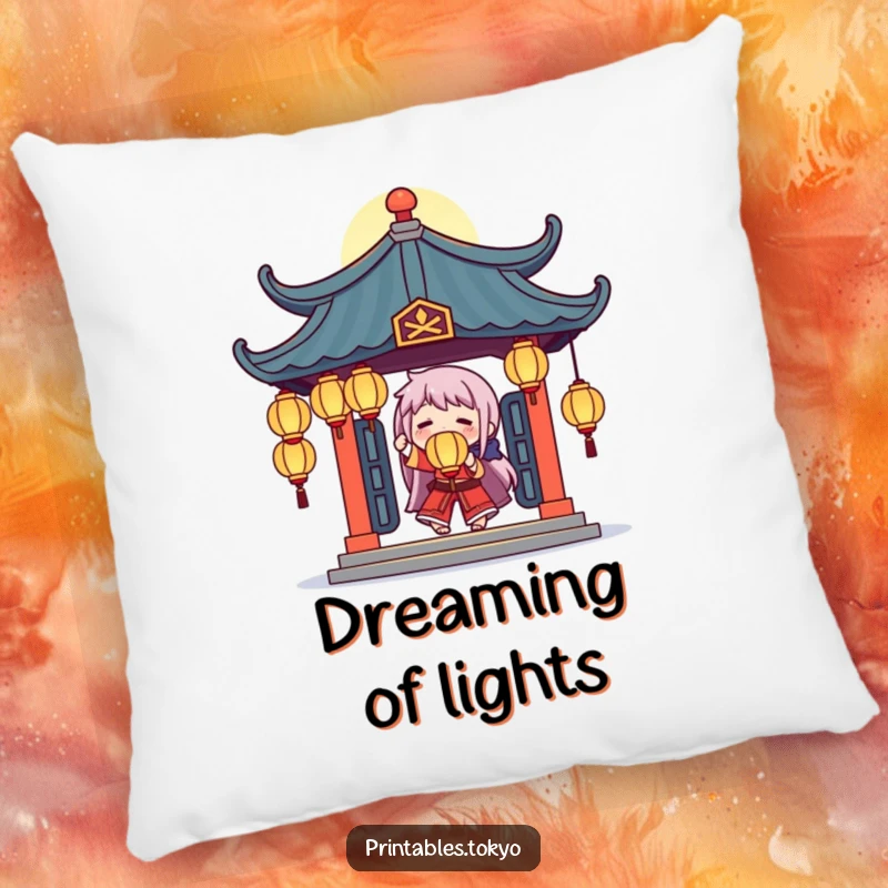 Funny pillow depicting a character juggling luminous lanterns under a stylized temple roof, offering a cozy and magical feel.