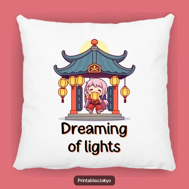Funny Temple Juggler Pillow: Glowing Lanterns Character, Comfy and Mystical Accent