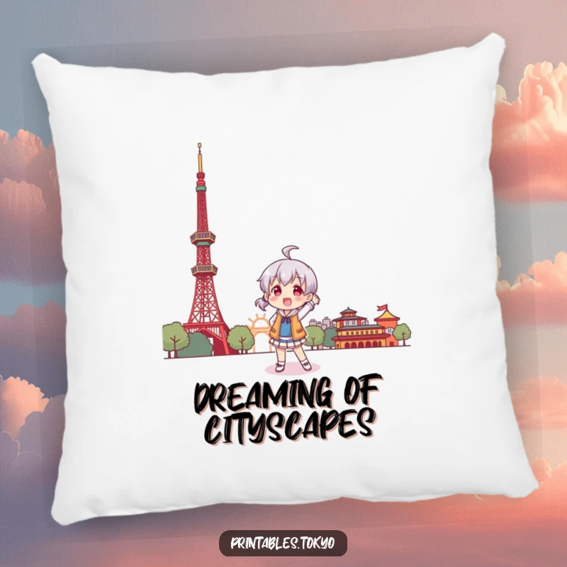 Funny pillow design showcasing a character in a playful pose before a stylized Tokyo Tower, perfect for decoration.
