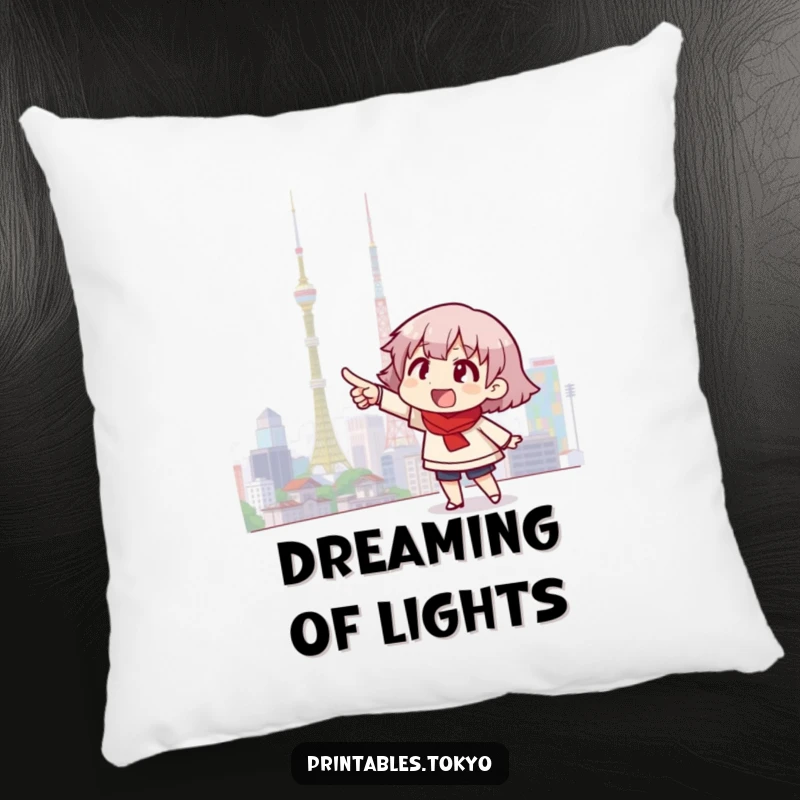 Funny pillow featuring an excited character pointing at a bright Tokyo skyline, perfect for adding comfort and travel dreams.