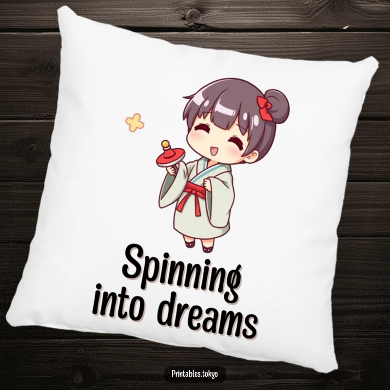 Funny yukata spinner pillow, a soft cushion featuring a character in a yukata happily spinning a top, comfort and retro charm.