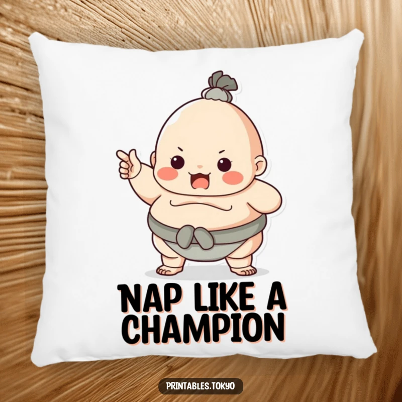 Funny character dressed as a sumo wrestler, playfully pointing, on a soft pillow. Adds comfort and bold humorous charm.