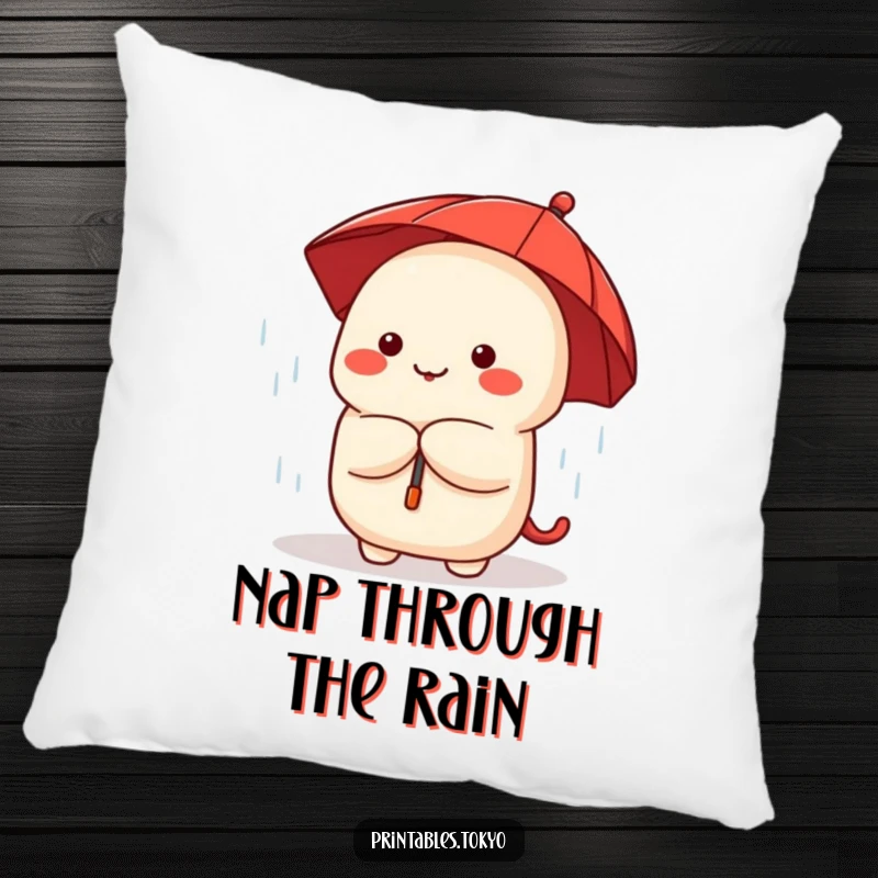 Funny cute dumpling character with a red umbrella, peeking from rain, depicted as a soft and charming pillow.