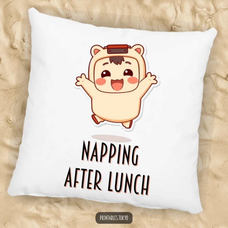 Funny Pillow: A smiling character with a bento box accessory jumps happily, offering comfort and food-related humor, a delightful accent piece.
