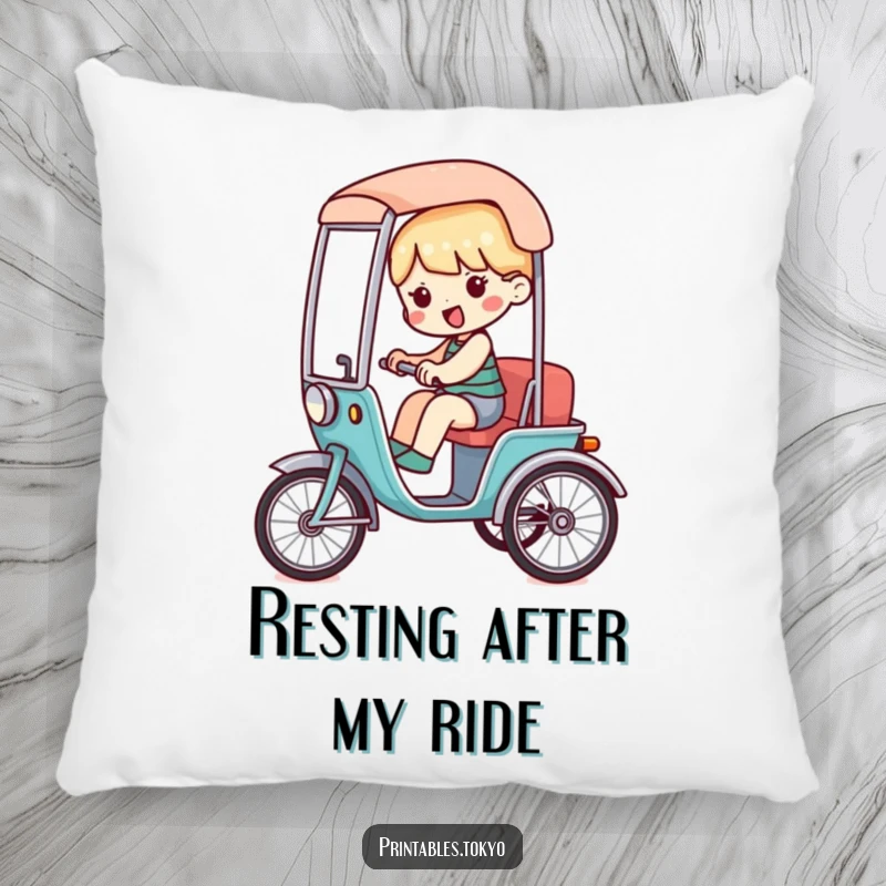 Funny pillow showing a character riding in a miniature, stylized rickshaw, perfect for cozy humor and decor.