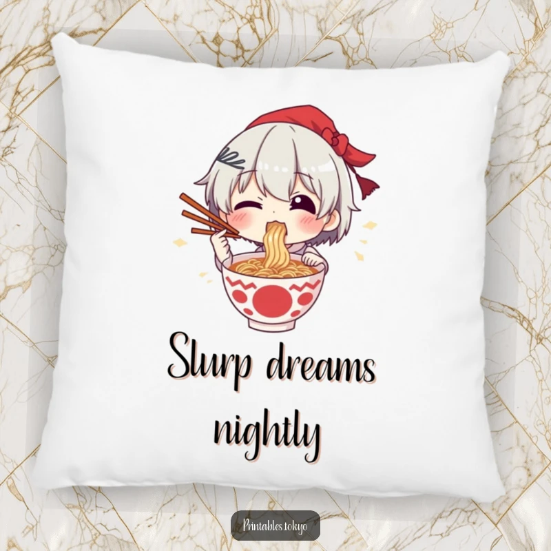 Funny pillow featuring a character excitedly eating ramen, chopsticks held high in a moment of pure culinary bliss.