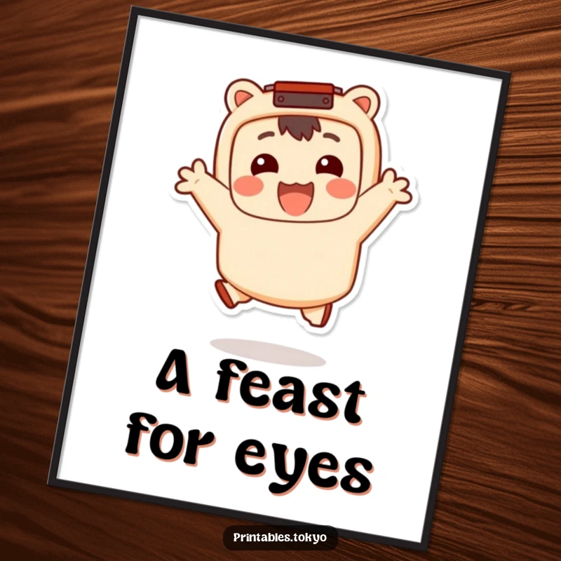 Funny Digital Art Print: A smiling character with a bento box accessory jumps happily, exuding food joy and humor, perfect for screen or print.