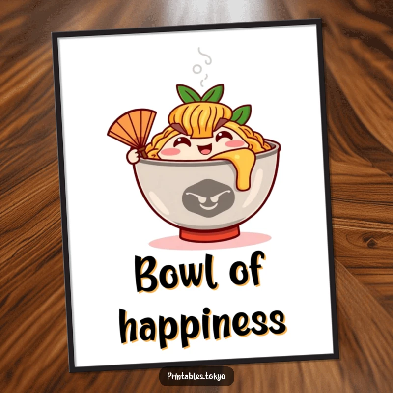 Funny happy ramen bowl character with steam rising and a small fan, offered as a digital art print.