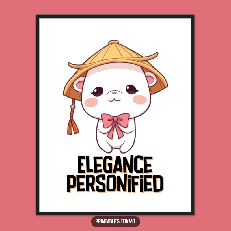 Funny Shy Creature Japanese Hat Digital Art - Instant Gentle Humor for Walls