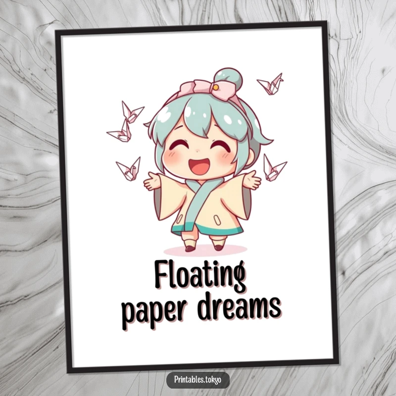 Funny digital art print of a character with a wide smile, skillfully juggling a delightful array of small, colorful origami cranes.