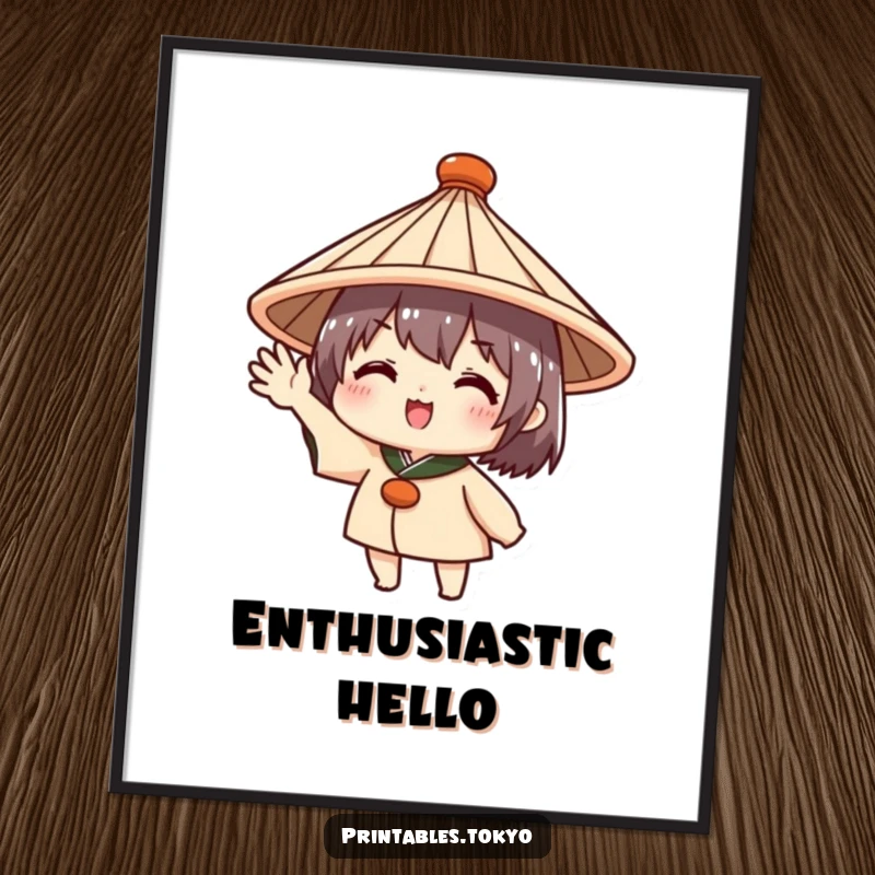 Funny digital art print of a cute character in a traditional Japanese hat, enthusiastically waving, offering instant welcoming and cheerful decor.
