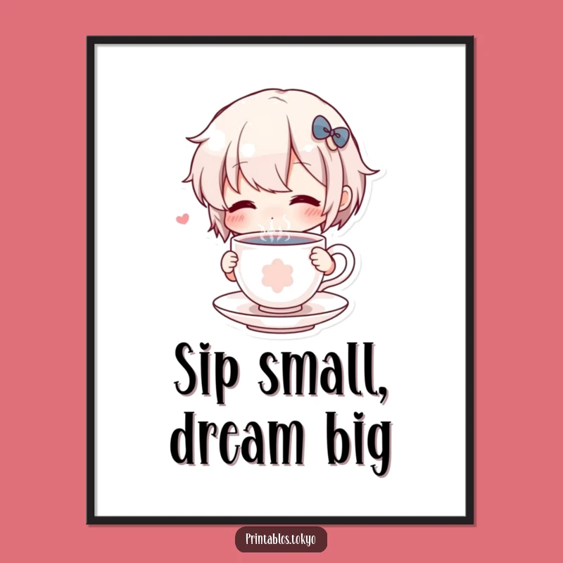 Funny Digital Art: Character Sipping Tiny Teacup, Whimsical Printable Funny Gift for Instant Joy
