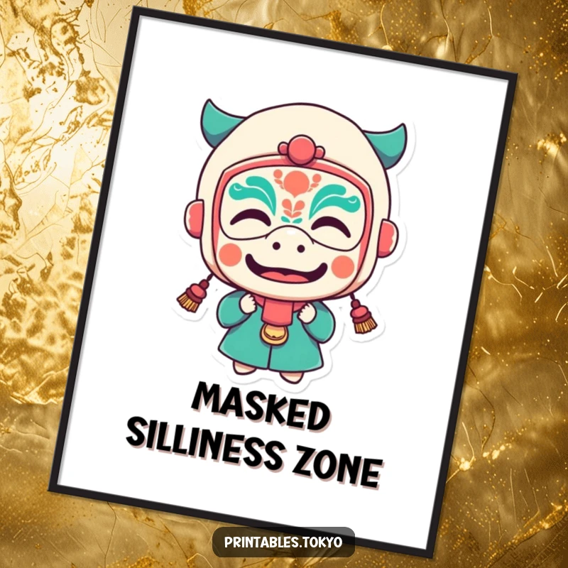 Funny digital art print of a character wearing a tiny festival mask and making a hilarious, funny face.