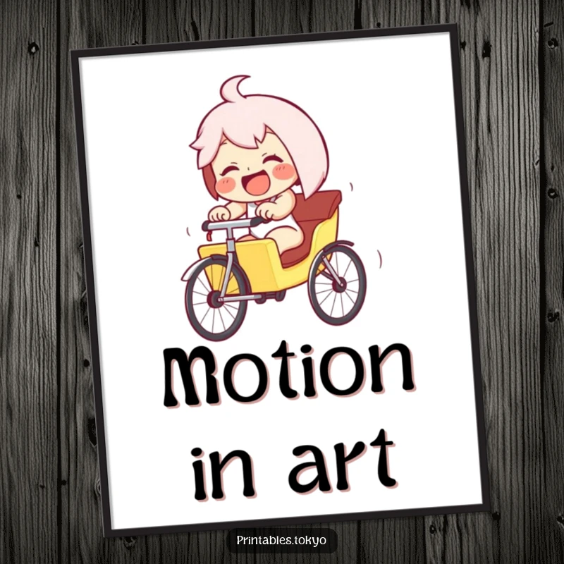 Funny giggling character in a tiny rickshaw, pedaling furiously downhill, available as a digital art print. Instant humorous energy for walls.