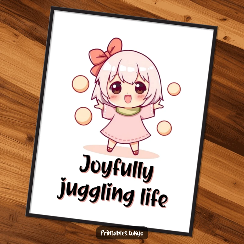 Funny digital art print of a happy character juggling multiple small, round mochi balls, ideal for adding a sweet and whimsical touch.