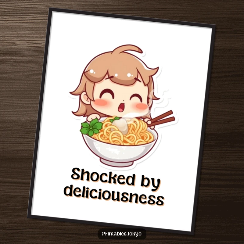 Funny digital art print of a character with a surprised expression looking at a steaming bowl of noodles, perfect for instantly adding foodie charm and humor.