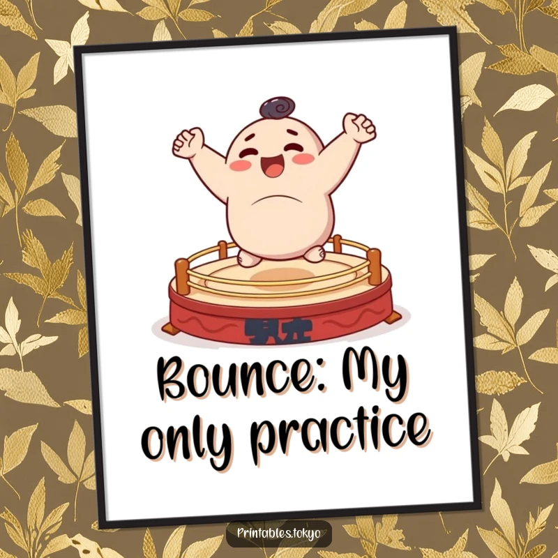 Funny digital art of a character happily bouncing on a small, stylized sumo ring, vibrant and humorous graphic.