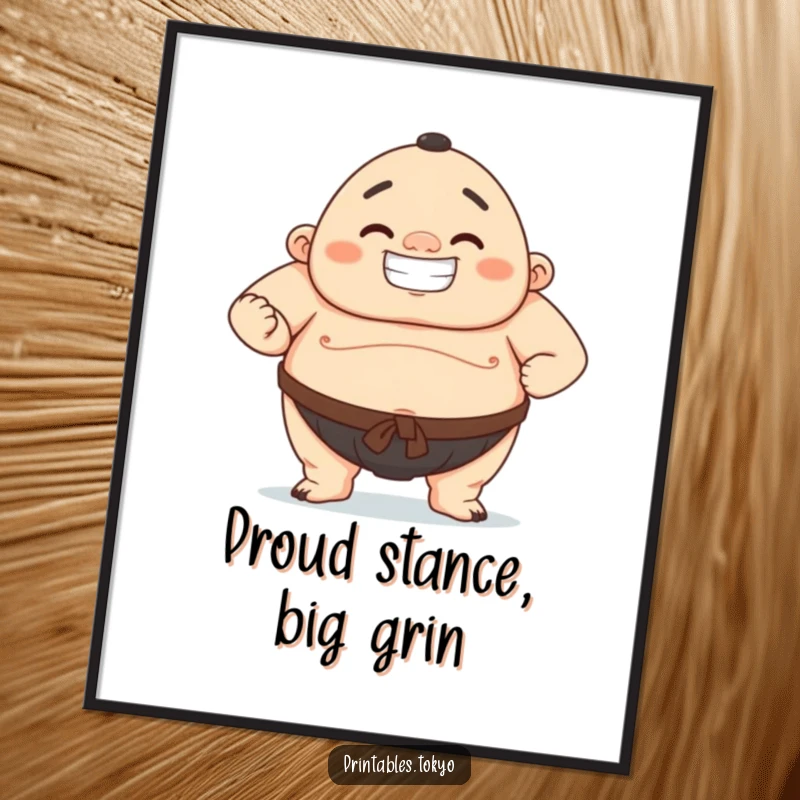 Funny digital art print of a character in a powerful sumo wrestling pose with a wide, proud grin.