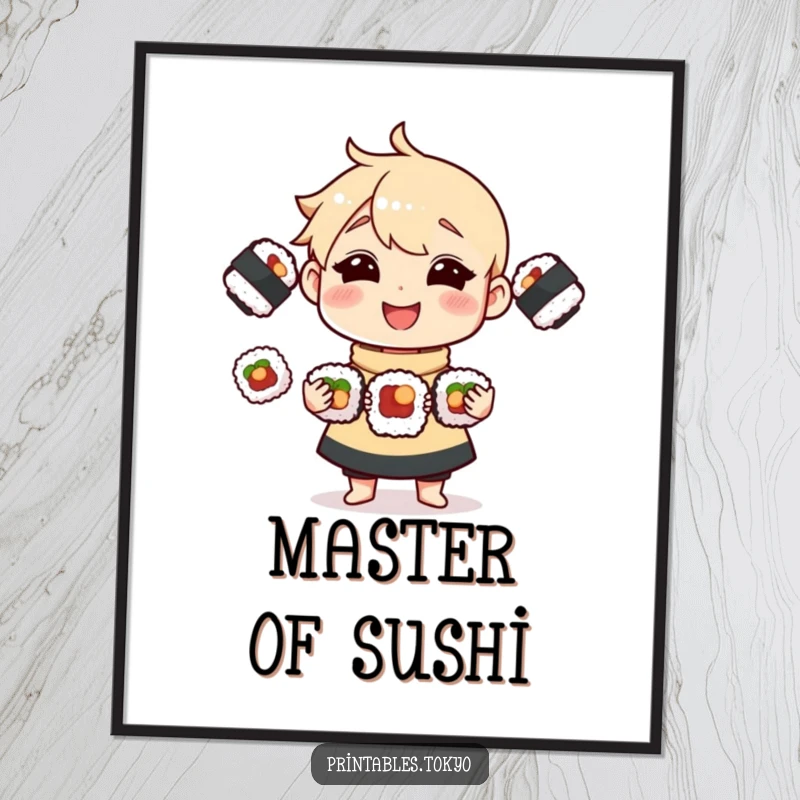 Funny Digital Art Print of a joyful character skillfully juggling three tasty sushi rolls, for instant humorous decor.
