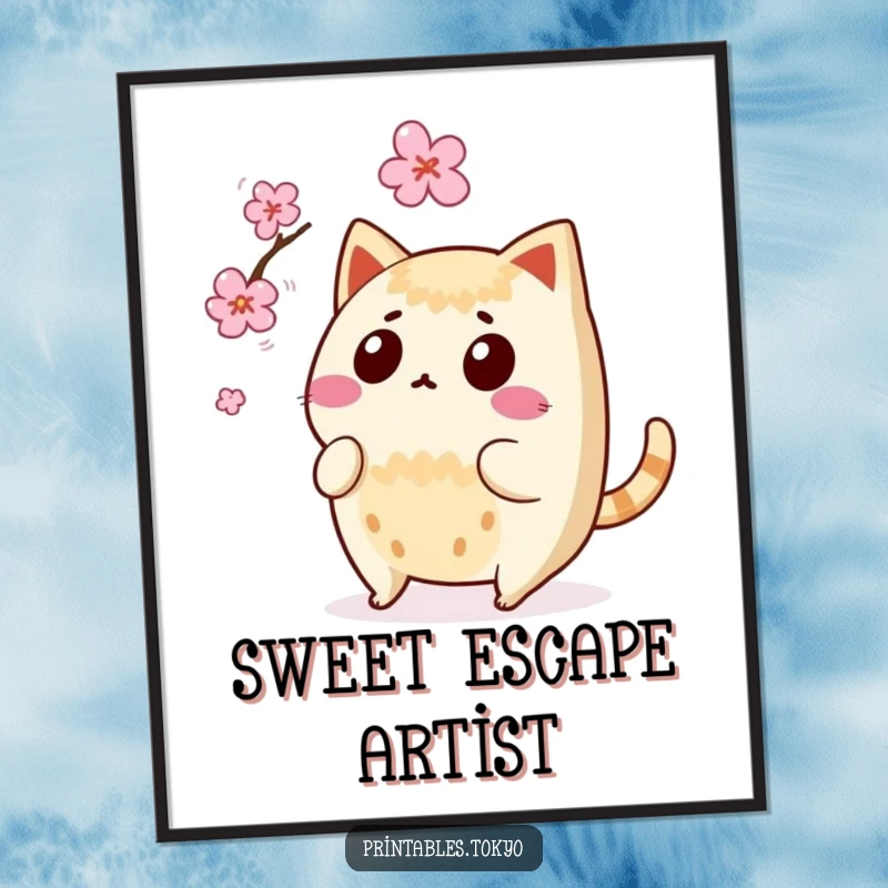 Funny surprised taiyaki character with wagging tail, narrowly avoiding a falling cherry blossom, offered as a digital art print.