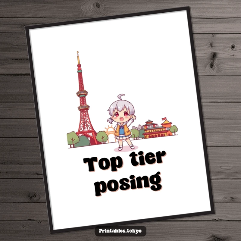 Funny digital art print of a character playfully posing before a stylized Tokyo Tower, perfect for vibrant decor.