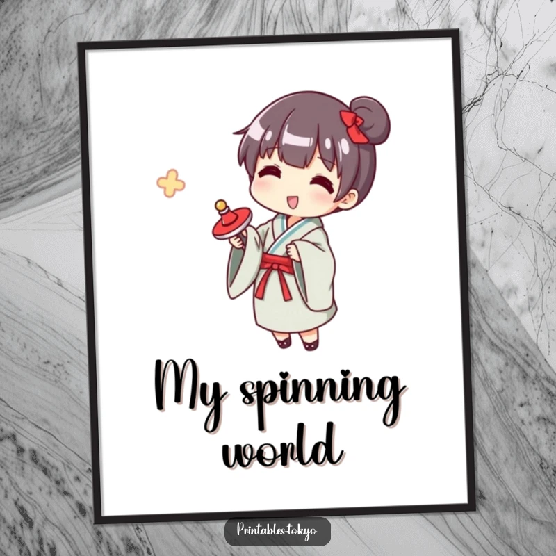 Funny yukata spinner digital art print, a character in a yukata gleefully spinning a top, ready for instant download.
