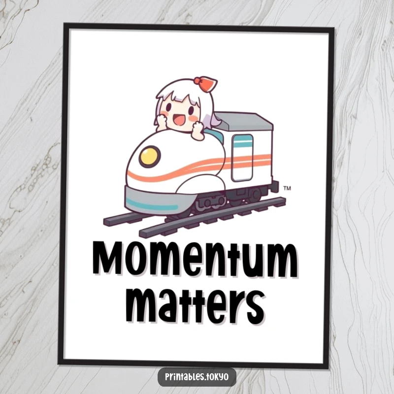 Funny digital art print of a cute character joyfully speeding on a miniature bullet train, ready to adorn any space.