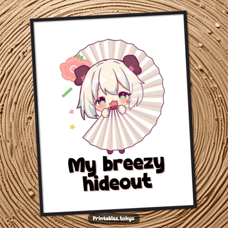 Funny digital art print of a character playfully hiding behind a large fan, ready to bring instant whimsy and humor.