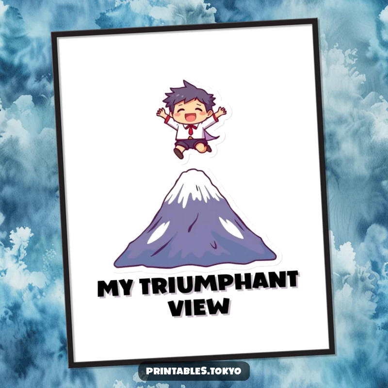 Funny Digital Art Print: A character joyfully leaps over Mount Fuji, symbolizing achievement and humor for inspiring decor.