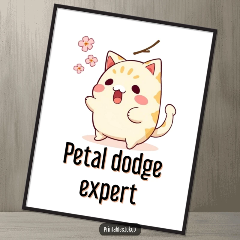 Funny digital art print of a surprised taiyaki character with wagging tail, narrowly missing a falling cherry blossom, humorous wall decor.